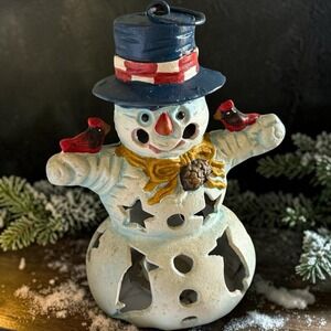 Vintage Concrete Ceramic Snowman Candle Lantern  Cardinals, Top Hat, 13 In 6 lb